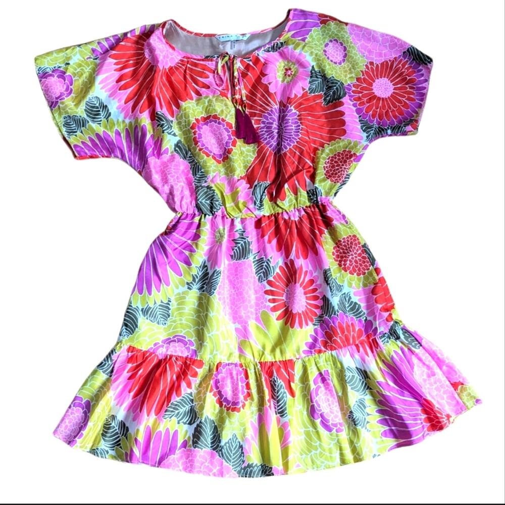 Trina Turk Mahalo 100% Silk Floral Ruffle Tassels Mini Vacation Dress NWOT